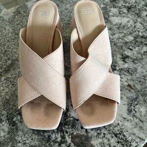 BP Women’s Dalton Pink Faux Suede Open Toe Block High Heel Slip On Mules